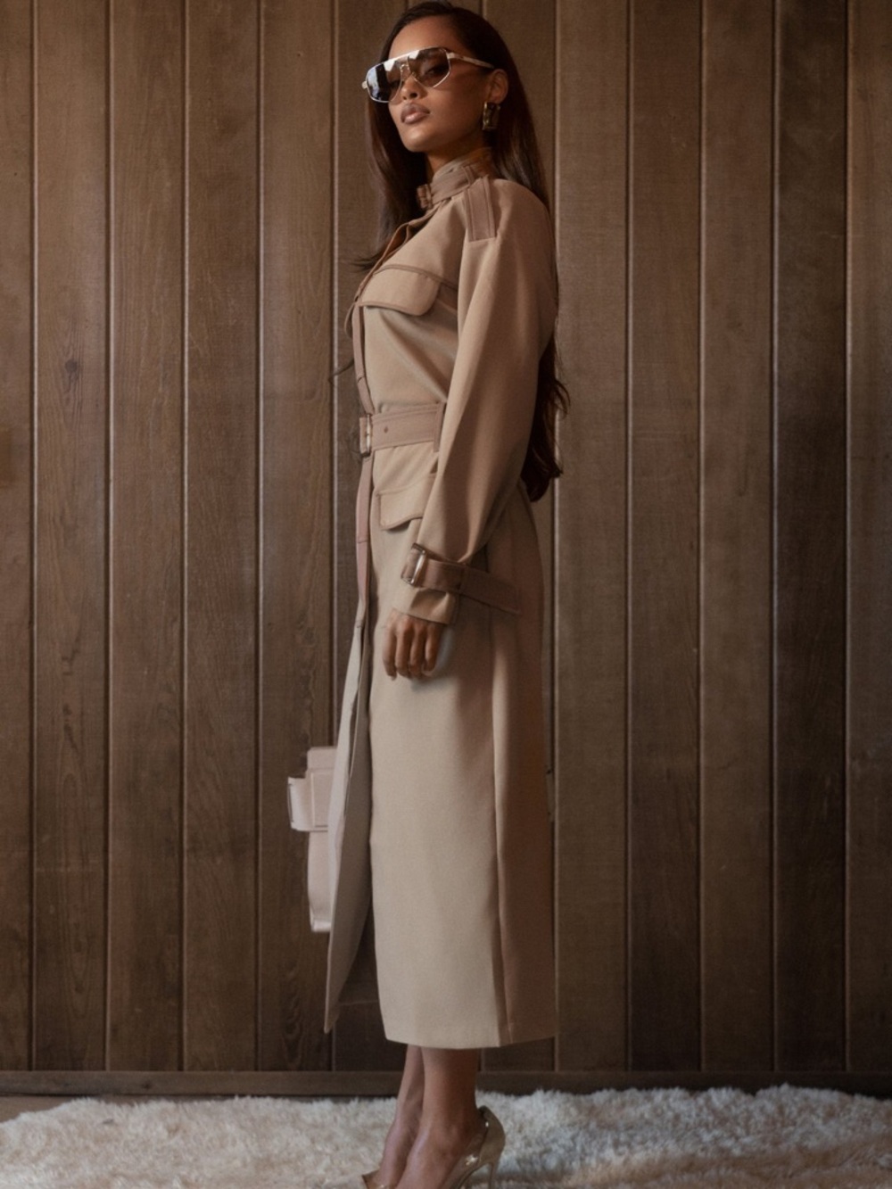 JLUXLABEL Beige Tan Icon Belted Midi Dress Belted Midi Trench Coat Military S - Picture 8 of 9